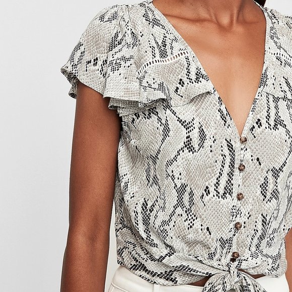Eye-Catching Snakeskin Flutter Sleeve Tie-Front Blouse by Express XS - Picture 3 of 16